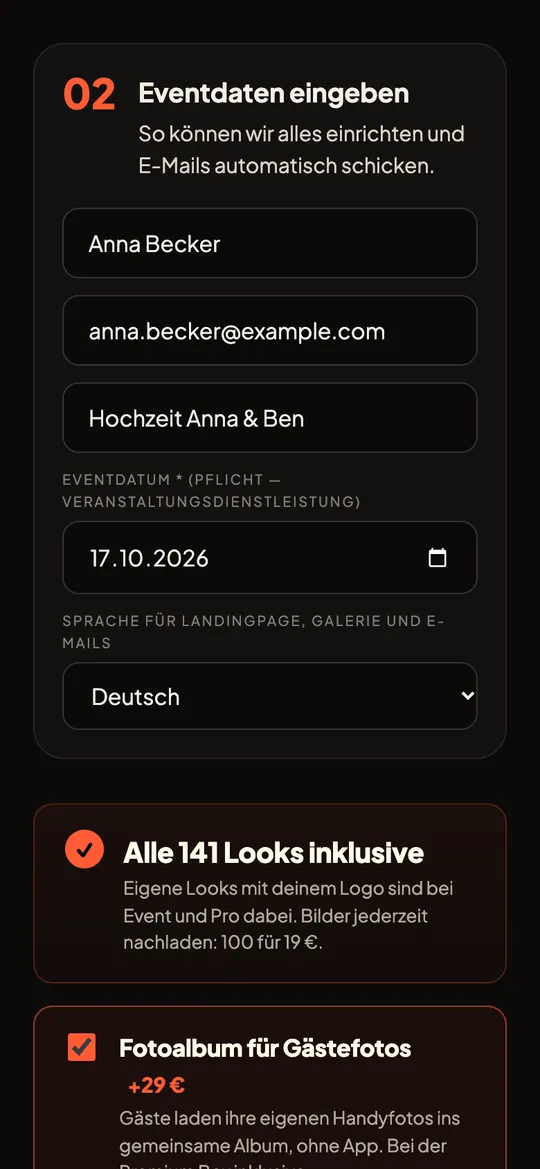 Buchungsformular mit Name, E-Mail, Eventname und Datum
