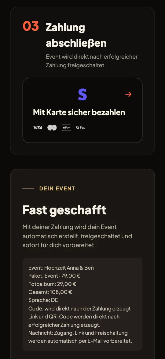 Zahlung über Stripe mit Karte, PayPal, Klarna, Apple Pay oder Google Pay