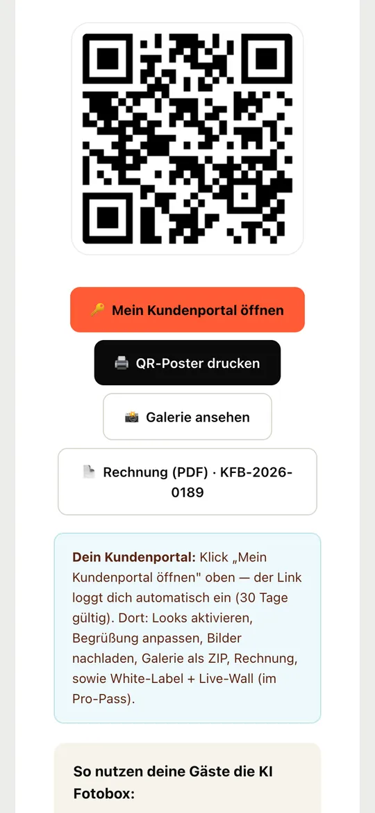 Bestätigungs-E-Mail mit QR-Code und Knöpfen für Kundenportal, Poster, Galerie und Rechnung
