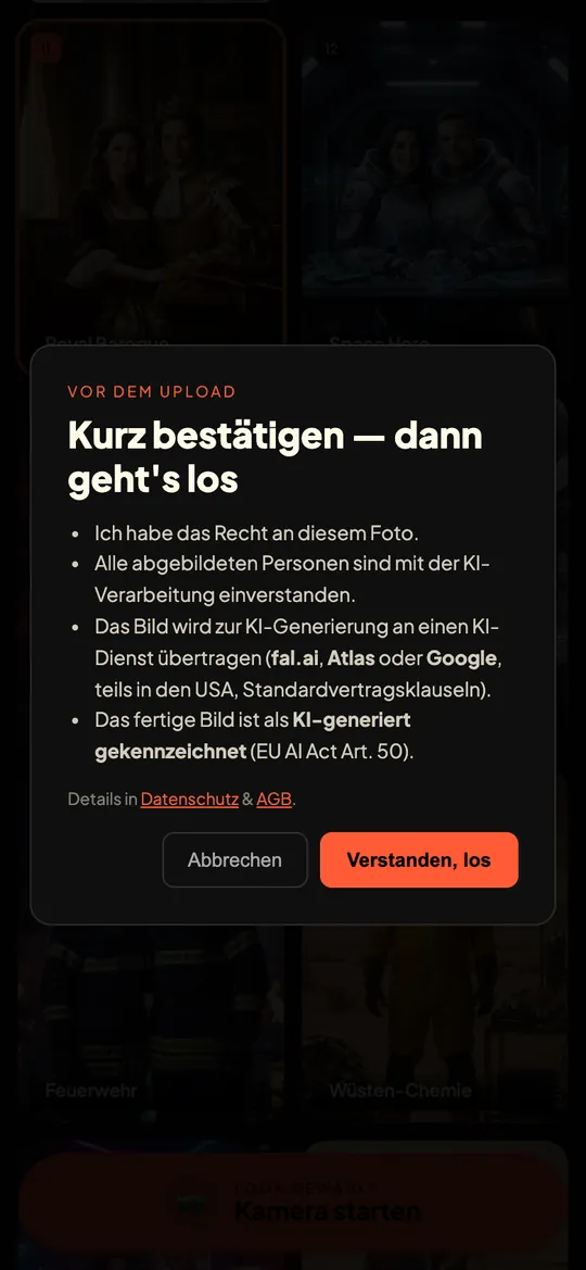 Hinweisfenster vor dem Upload mit Einwilligung und Datenschutz-Hinweisen