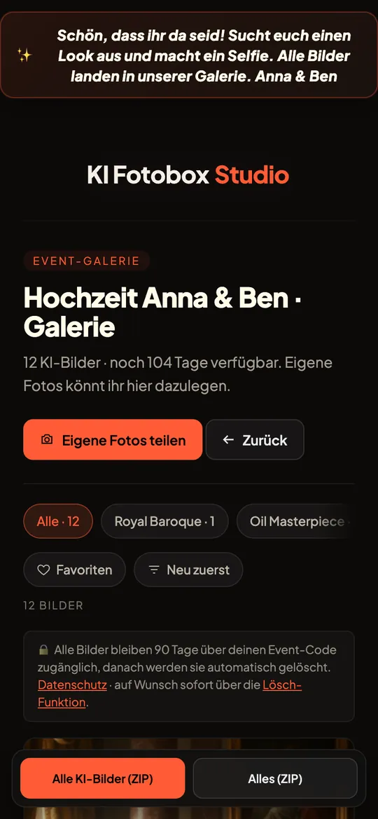 Event-Galerie mit Titel, Bilderzahl und Knopf Eigene Fotos teilen