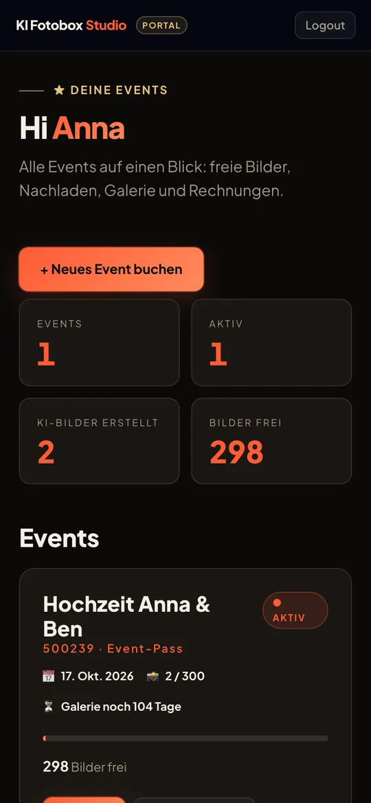 Übersicht im Kundenportal mit Event-Karte und Kennzahlen