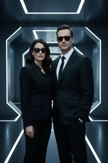 KI-Look Agenten-Anzug: Schwarzer Anzug und Sonnenbrille im futuristischen Korridor.