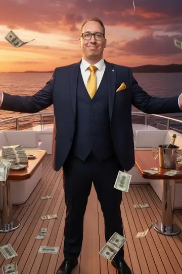 KI-Look Börsen-Bro: Auf der Yacht im Dreiteiler, während Geldscheine durch die Luft fliegen.