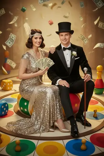 KI-Look Brettspiel-Tycoon: Als Brettspiel-Millionär mit Zylinder und Geldscheinen.