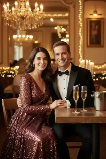 KI-Look Champagne Night: Champagner im festlichen Salon, mit Glitzerkleid und Smoking.