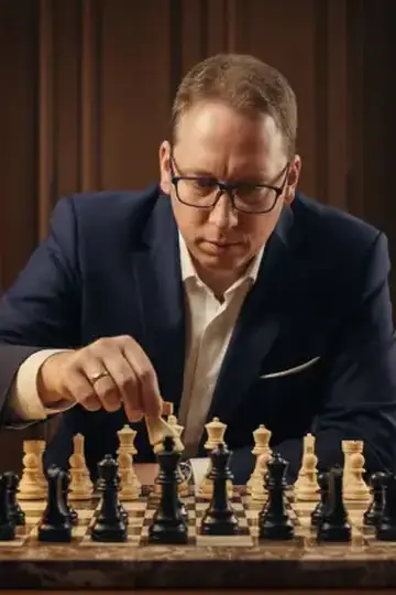 KI-Look Schach-Großmeister: Konzentriert am Schachbrett wie ein Großmeister.