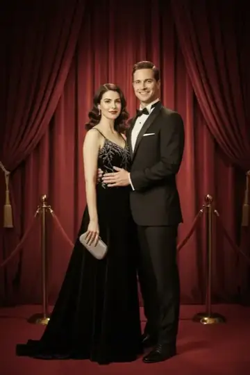 KI-Look Classic Hollywood: Goldenes Hollywood vor rotem Samtvorhang.