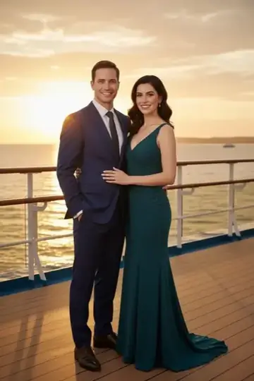 KI-Look Kreuzfahrt: Abendgarderobe an Deck eines Kreuzfahrtschiffs bei Sonnenuntergang.