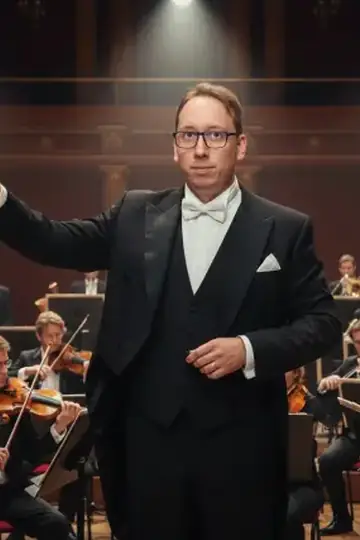 KI-Look Dirigent: Am Pult vor dem Orchester, im Frack mit erhobener Hand.