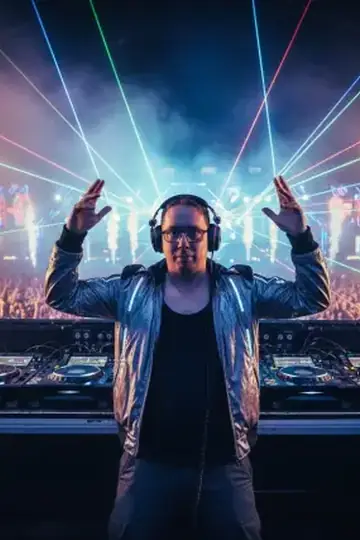 KI-Look DJ Mainstage: Als DJ auf der Hauptbühne, mit Lasershow über der Menge.