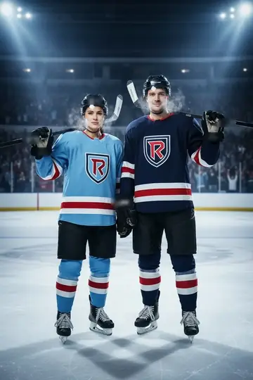 KI-Look Eishockey-Star: Als Eishockey-Star im Trikot auf dem Eis.