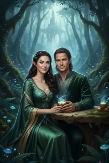 KI-Look Elven Kingdom: Im Elfenreich mit grünen Gewändern und magischem Wald.