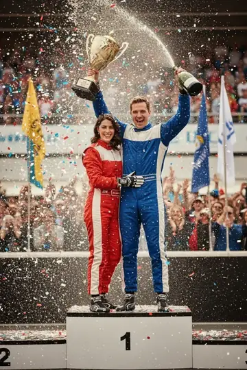 KI-Look Racing Podium: Siegerpose auf dem Podium nach dem Rennen.