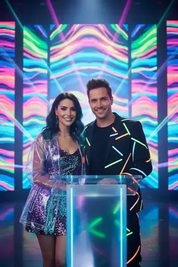 KI-Look Festival Neon: Festival-Outfit vor bunten Neonwellen, mit Glitzer und Leuchtstreifen.