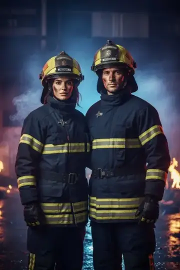 KI-Look Feuerwehr: Als Feuerwehr-Team in voller Schutzkleidung.