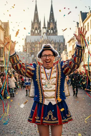 KI-Look Karneval Köln: Im Karnevalskostüm vor dem Kölner Dom, mit Konfetti.