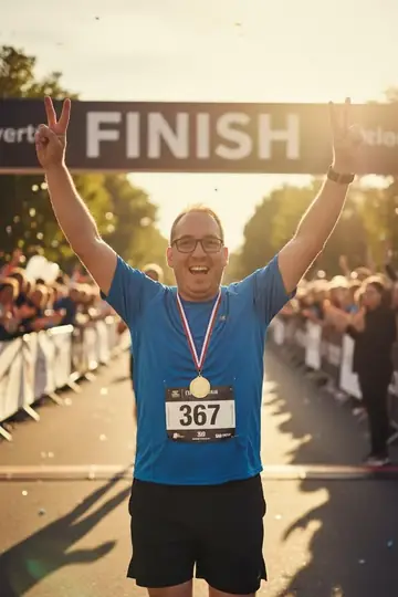 KI-Look Marathon Finish: Zieleinlauf beim Marathon, mit Startnummer und Jubel.