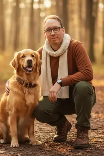 KI-Look Mit Hund: Herbstspaziergang mit Hund im goldenen Wald.