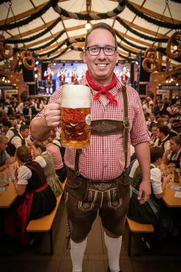 KI-Look Oktoberfest Prost: In Lederhose mit Maßkrug im Festzelt.