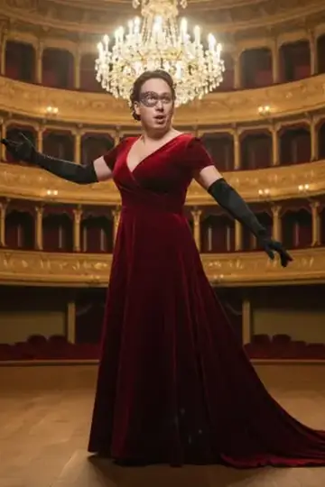 KI-Look Opern-Diva: Großer Auftritt im Opernhaus, im roten Abendkleid unter dem Kronleuchter.