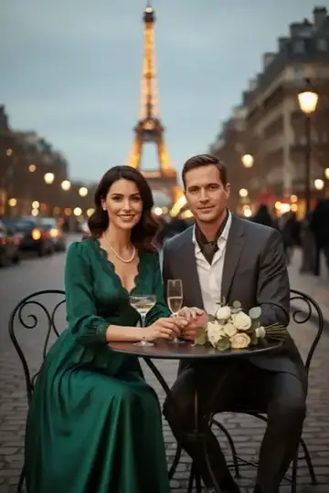 KI-Look Paris Love: Abend im Pariser Café, mit dem Eiffelturm im Hintergrund.