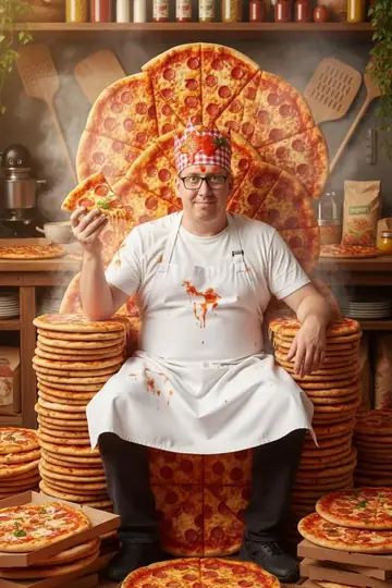 KI-Look Pizza Palast: Als Pizza-König auf einem Thron aus Pizza.