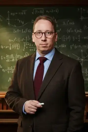 KI-Look Professor: Als Professor vor der Tafel voller Formeln.