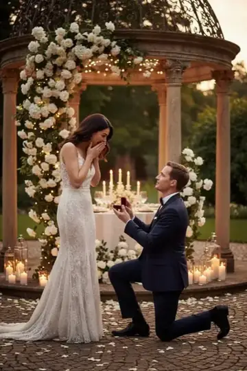 KI-Look Proposal: Der Antrag unter dem Blumenpavillon, mit Kerzen und Rosenblättern.