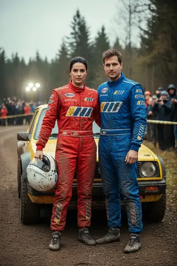 KI-Look Rally-Pilot: Als Rallyefahrer mit Helm im Wald.