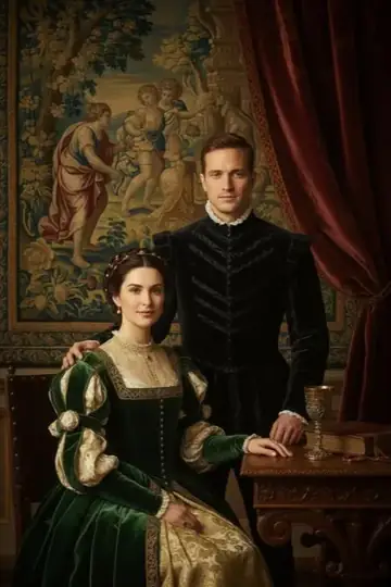 KI-Look Renaissance: Renaissance-Adel mit Wandteppich und Samt.
