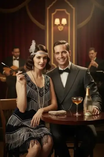 KI-Look Roaring Twenties: Goldene Zwanziger mit Fransenkleid und Jazzbar.