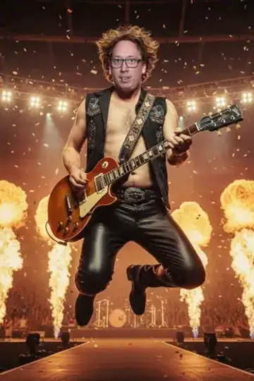 KI-Look Rockstar Stadium: Rockstar-Sprung im Stadion, mit E-Gitarre und Flammen auf der Bühne.