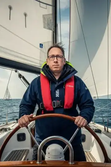 KI-Look Segel-Regatta: Am Steuerrad bei der Segelregatta.