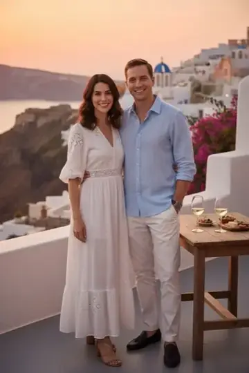 KI-Look Santorini: Sonnenuntergang über den weißen Häusern von Santorini.