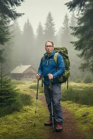 KI-Look Schwarzwald-Wandern: Wandern im nebligen Schwarzwald.