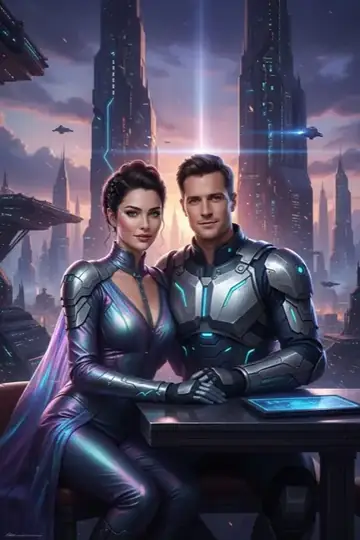 KI-Look Sci-Fi Poster: Science-Fiction-Filmplakat mit Rüstung und Zukunftsstadt.
