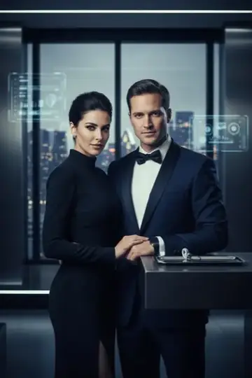 KI-Look Secret Agent: Als Geheimagenten im Hightech-Büro über der Stadt.