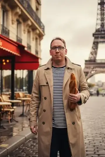 KI-Look Streetstyle Paris: Trenchcoat und Baguette in den Straßen von Paris.