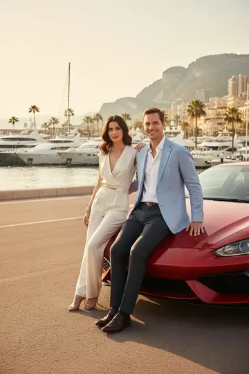 KI-Look Supercar Monaco: Mit Sportwagen am Hafen von Monaco.