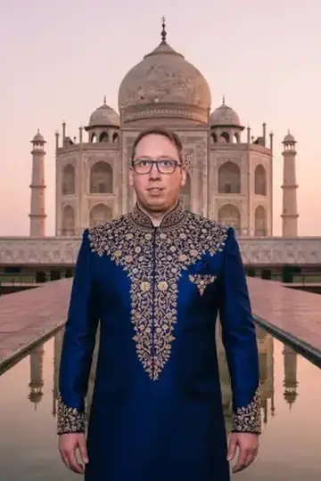KI-Look Taj Mahal: Vor dem Taj Mahal im Abendlicht.