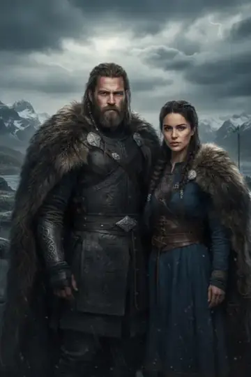 KI-Look Viking Saga: Wikinger im Fell vor stürmischem Himmel.