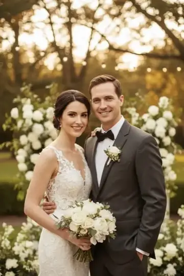 KI-Look Wedding Love: Klassisches Hochzeitsporträt im Rosengarten, mit Brautstrauß und warmem Abendlicht.